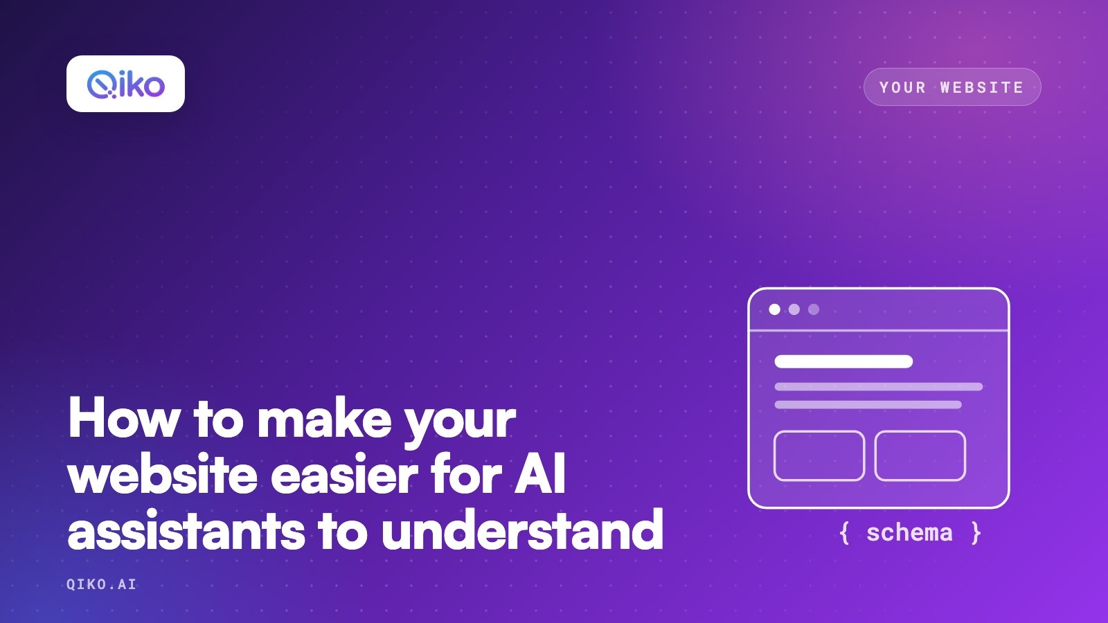 Qiko cover with the Qiko logo on a purple gradient and a simple illustration. Title: How to make your website easier for AI assistants to understand