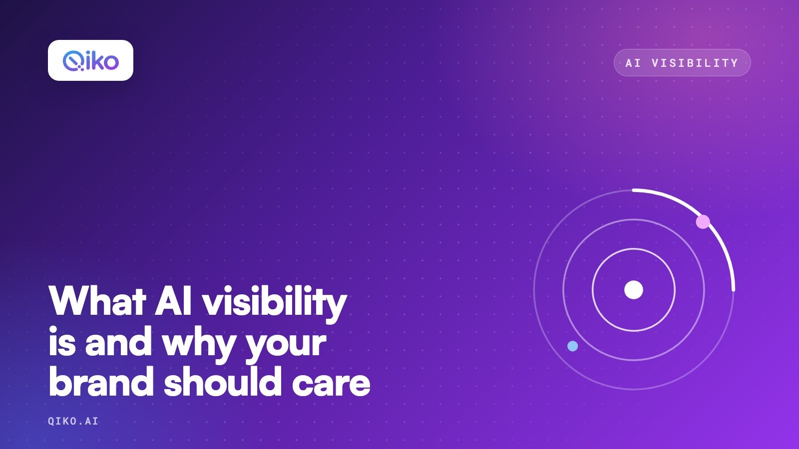 Qiko cover with the Qiko logo on a purple gradient and a simple illustration. Title: What AI visibility is and why your brand should care